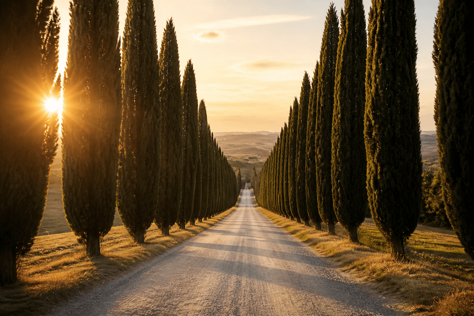 Tree-lined road at golden hour — passenger view